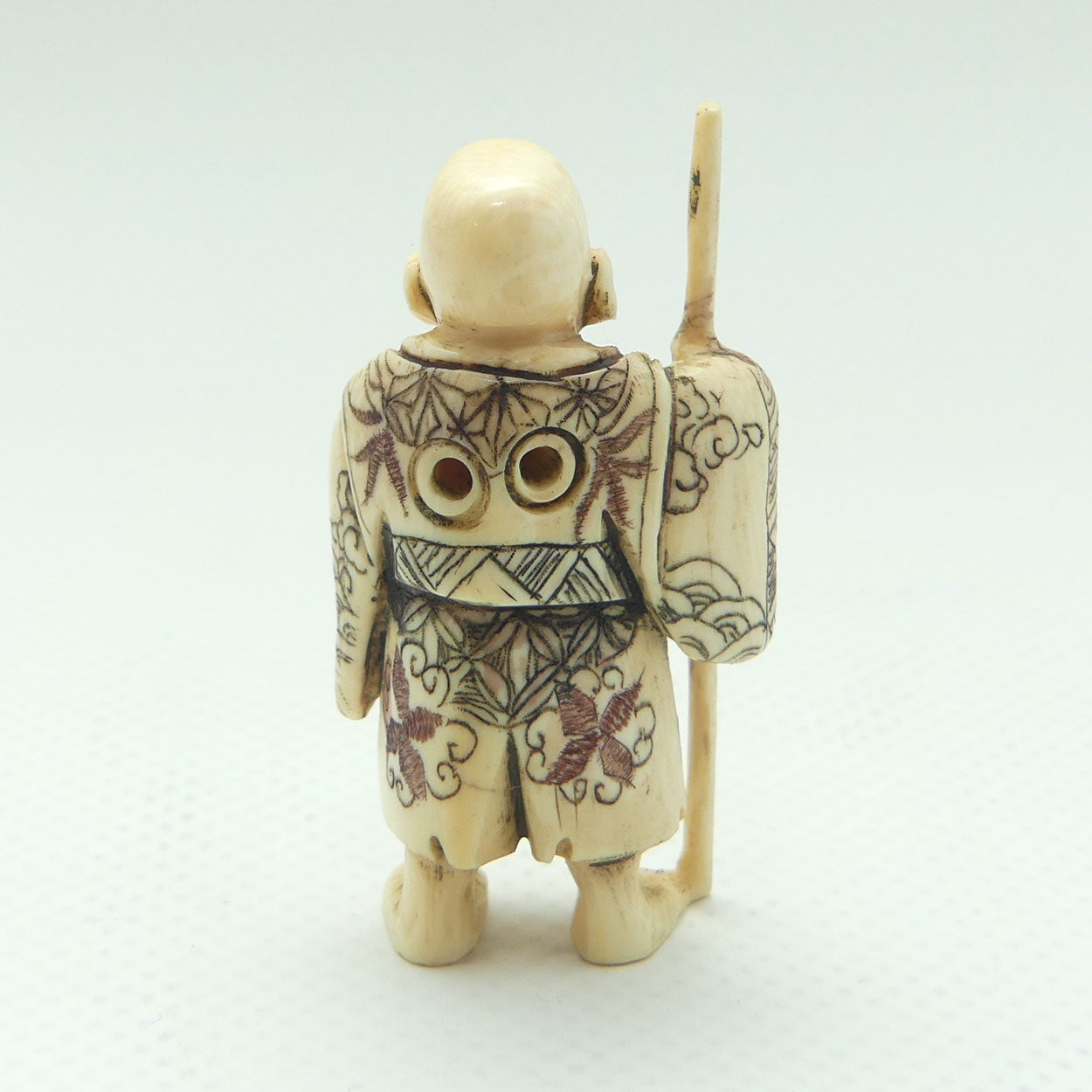 Japanese Carved Ivory Netsuke | Hotei with Staff | signed
