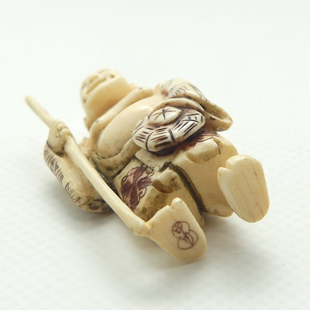 Japanese Carved Ivory Netsuke | Hotei with Staff | signed
