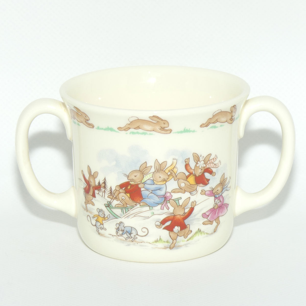 Royal Doulton Bunnykins Sledding | Snowball Fight hug a mug | boxed