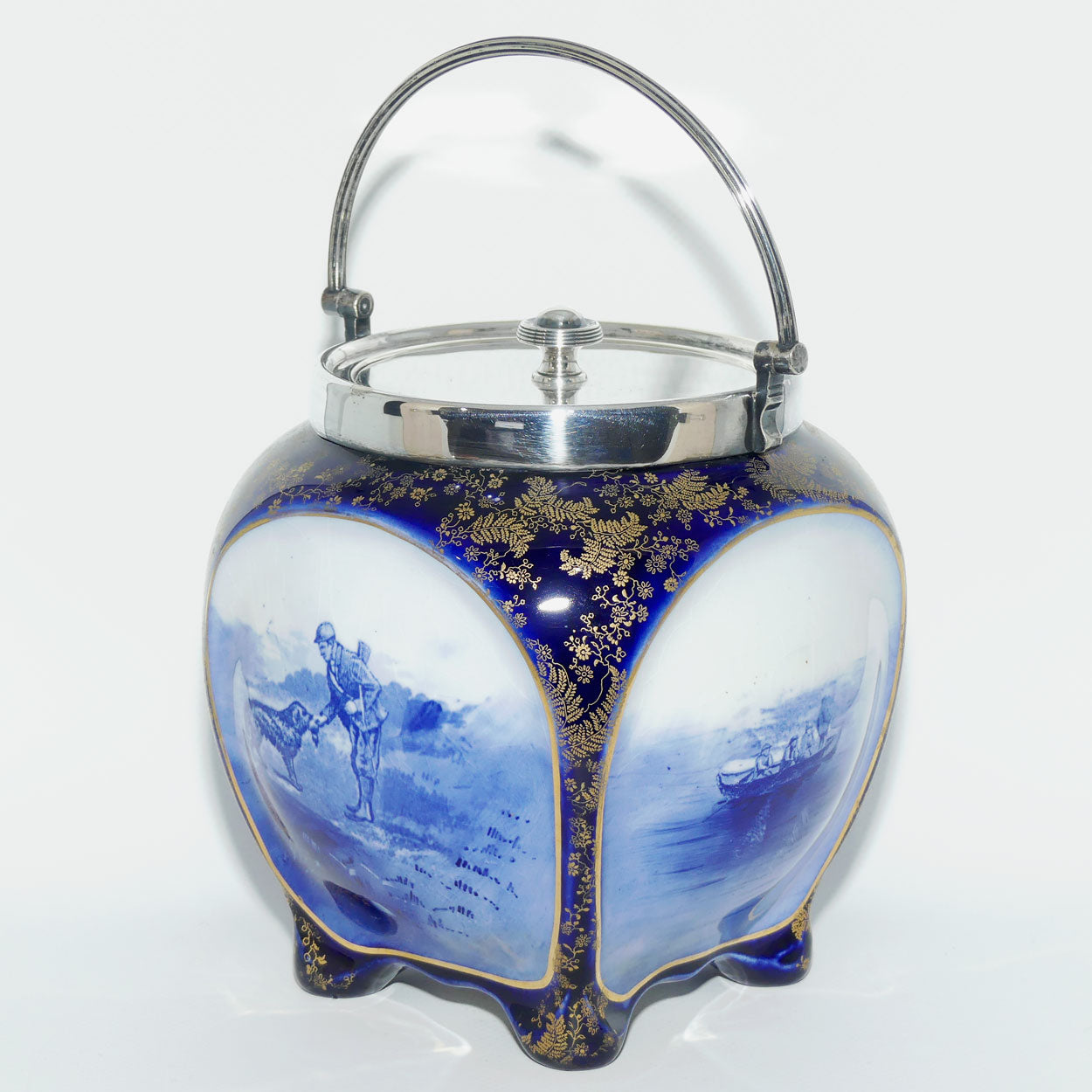 Doulton Burslem Hunting and Game Keeping unusual biscuit barrel with EPNS handle and lid