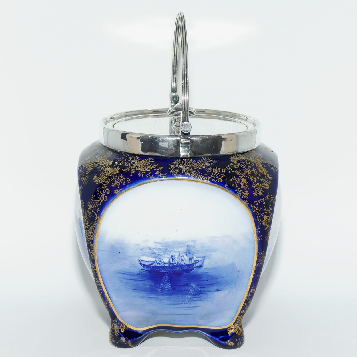 Doulton Burslem Hunting and Game Keeping unusual biscuit barrel with EPNS handle and lid