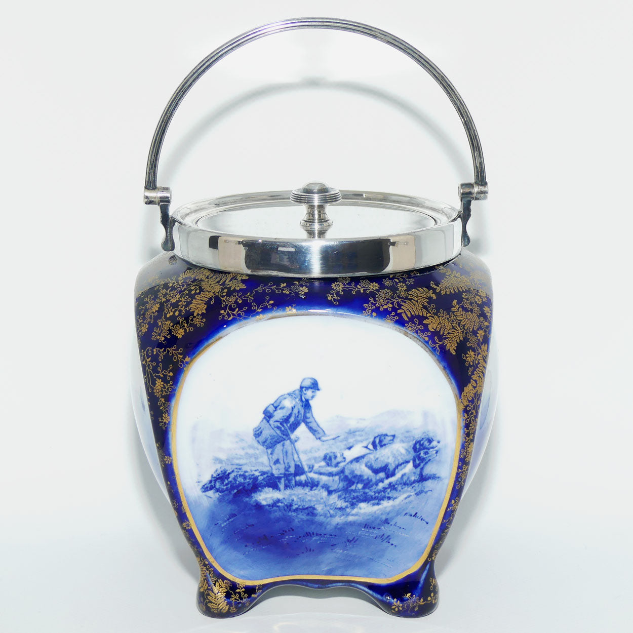 Doulton Burslem Hunting and Game Keeping unusual biscuit barrel with EPNS handle and lid