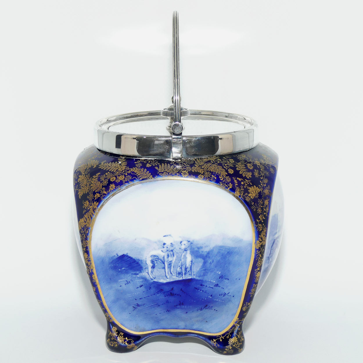 Doulton Burslem Hunting and Game Keeping unusual biscuit barrel with EPNS handle and lid