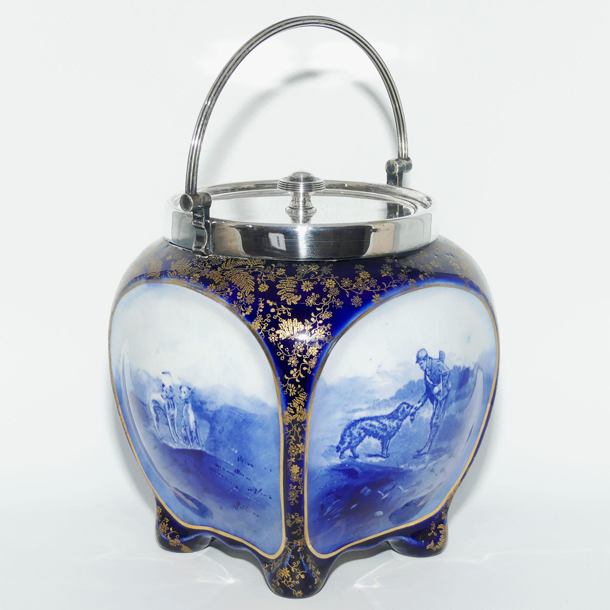 Doulton Burslem Hunting and Game Keeping unusual biscuit barrel with EPNS handle and lid