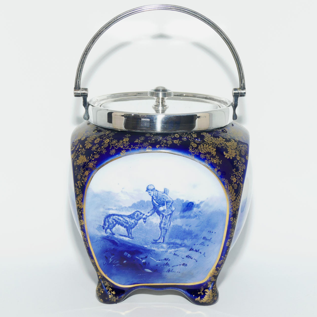 Doulton Burslem Hunting and Game Keeping unusual biscuit barrel with EPNS handle and lid