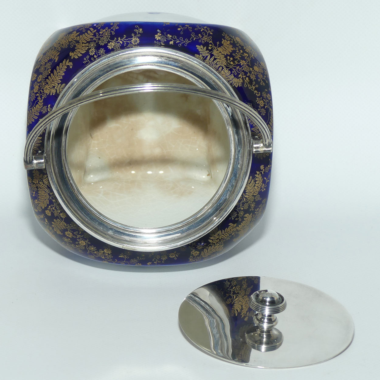 Doulton Burslem Hunting and Game Keeping unusual biscuit barrel with EPNS handle and lid