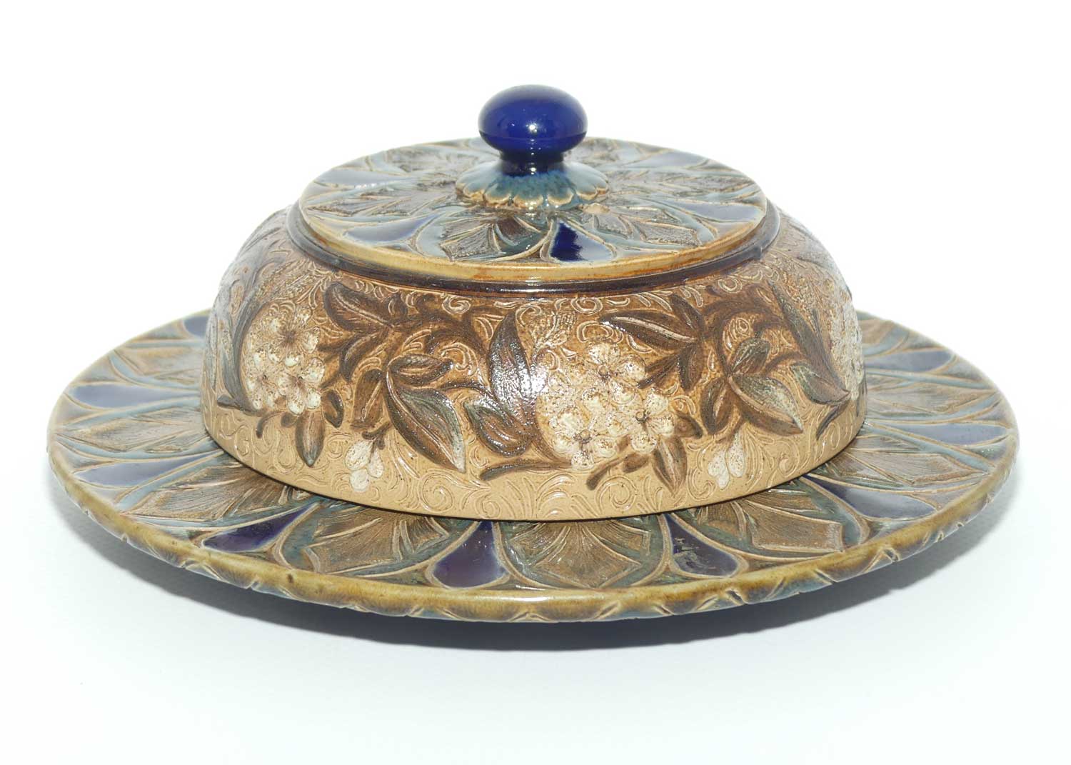 Doulton Lambeth extensively decorated and patterned butter dish | c.1883 | by John Huskisson
