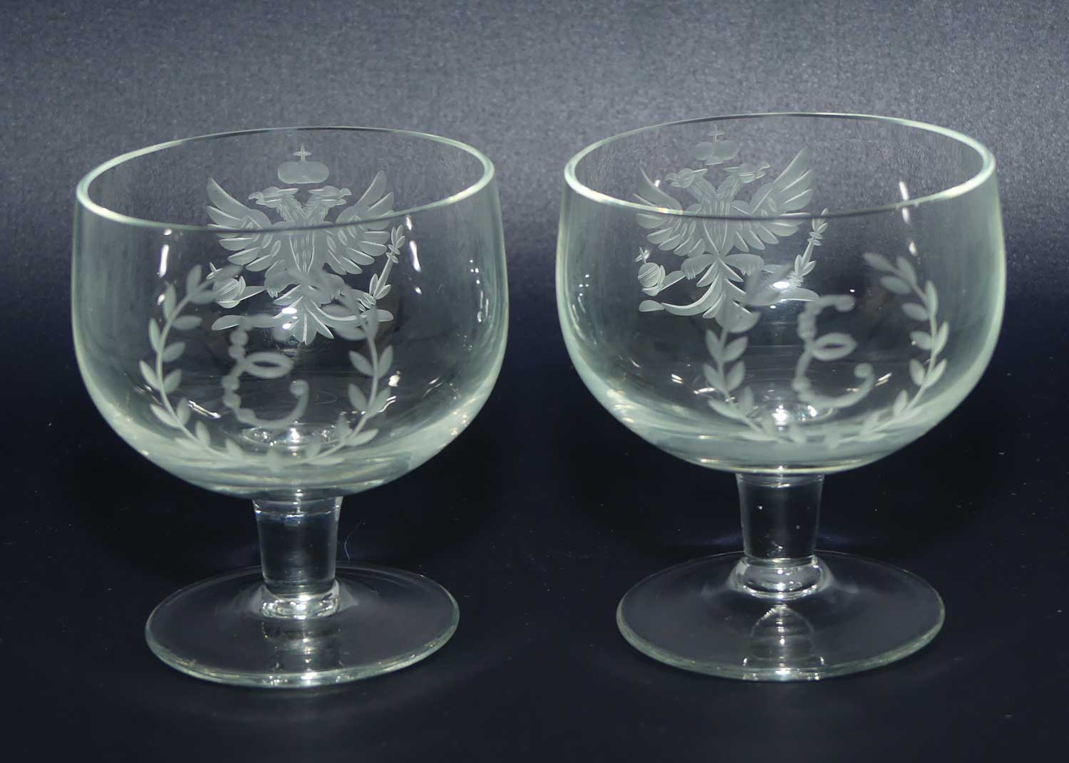 Pair of Russian Imperial Double Eagle Wheel Cut decorated glasses