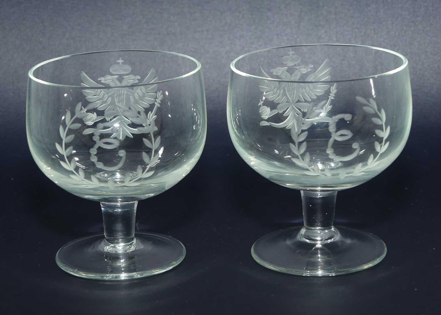Pair of Russian Imperial Double Eagle Wheel Cut decorated glasses