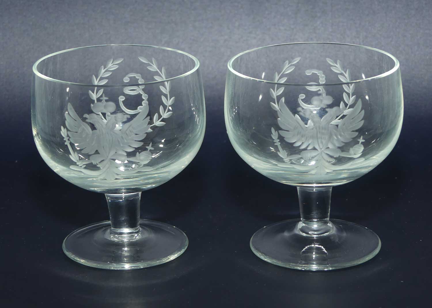 Pair of Russian Imperial Double Eagle Wheel Cut decorated glasses