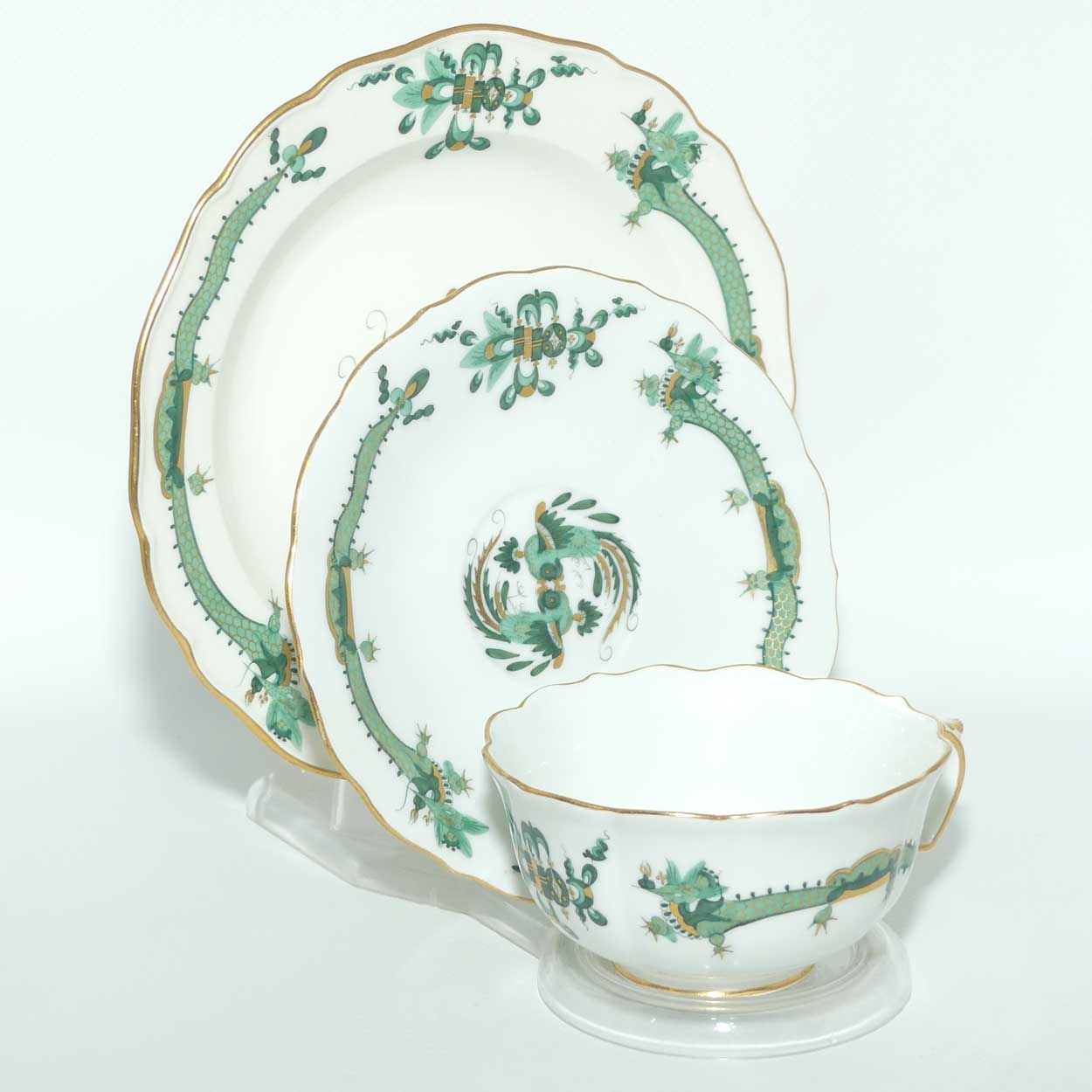 Meissen Green Dragon tea trio trimmed with gilt