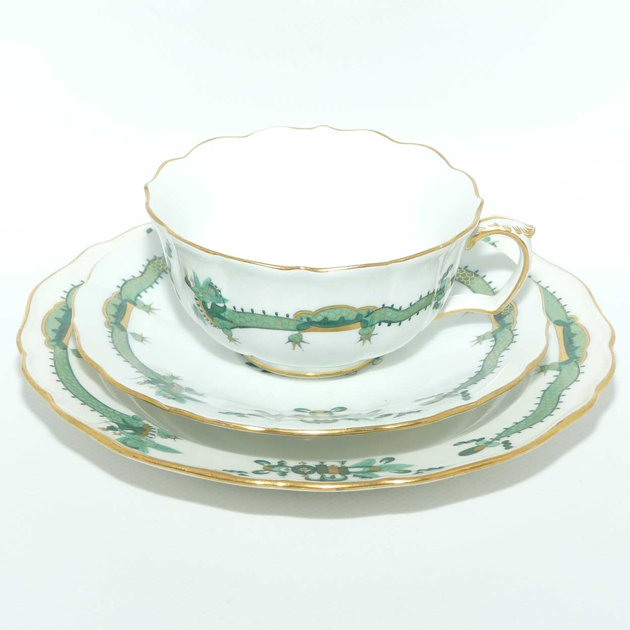 Meissen Green Dragon tea trio trimmed with gilt