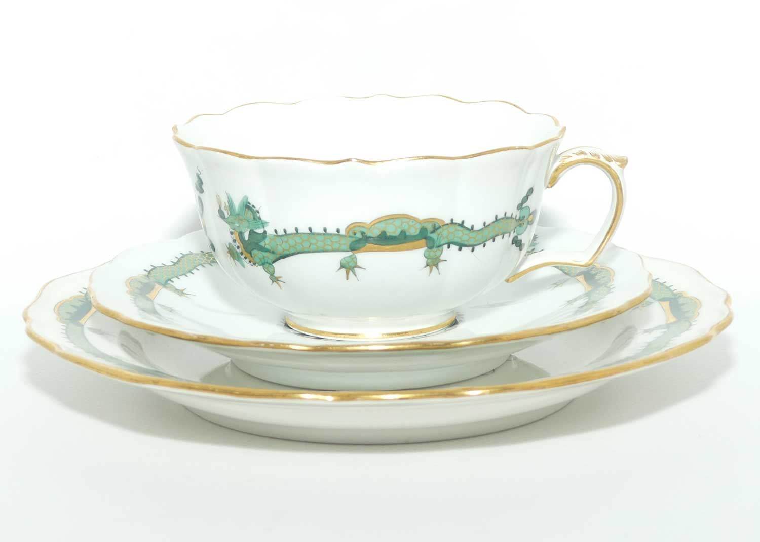 Meissen Green Dragon tea trio trimmed with gilt