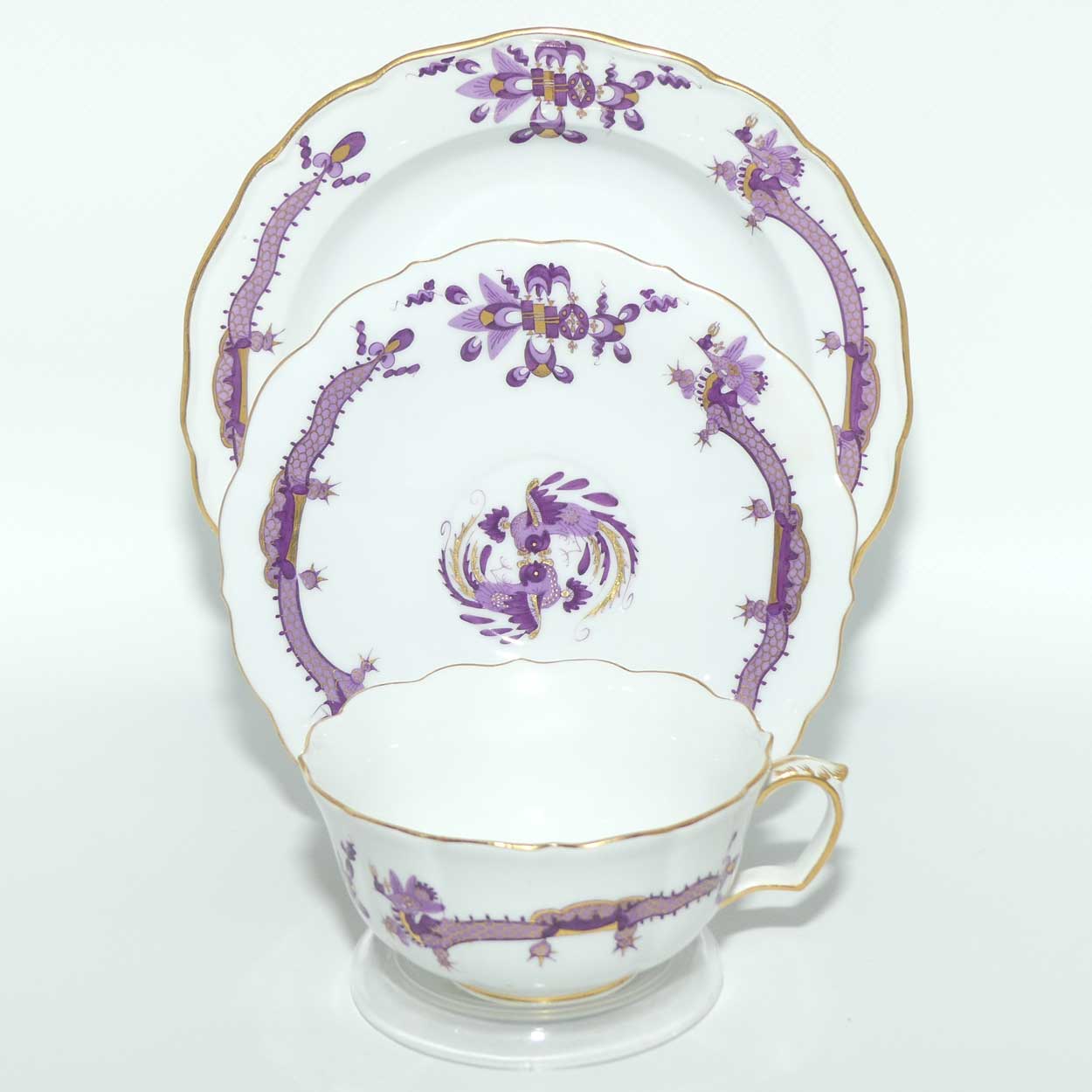 Meissen Purple Dragon tea trio trimmed with gilt