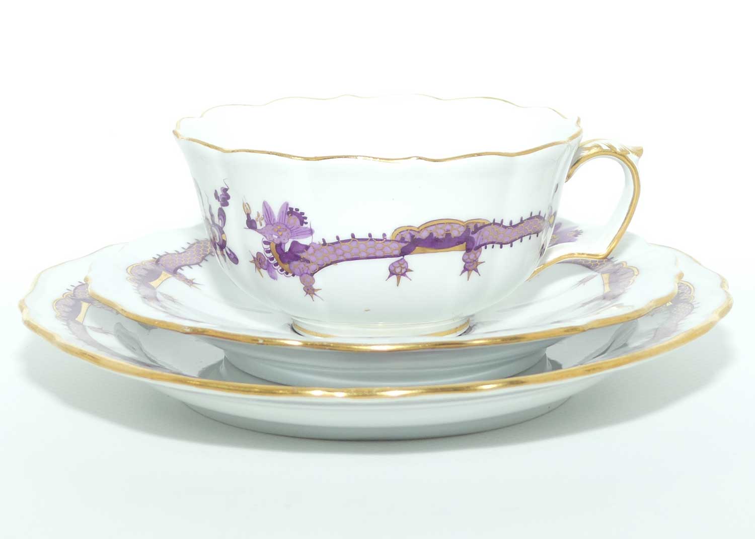 Meissen Purple Dragon tea trio trimmed with gilt