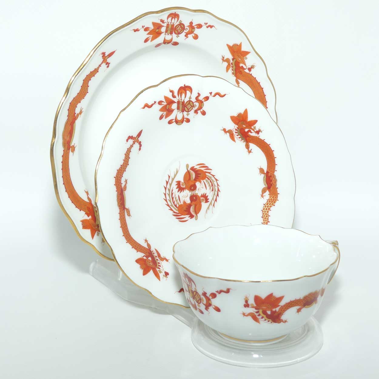 Meissen Red Dragon tea trio trimmed with gilt
