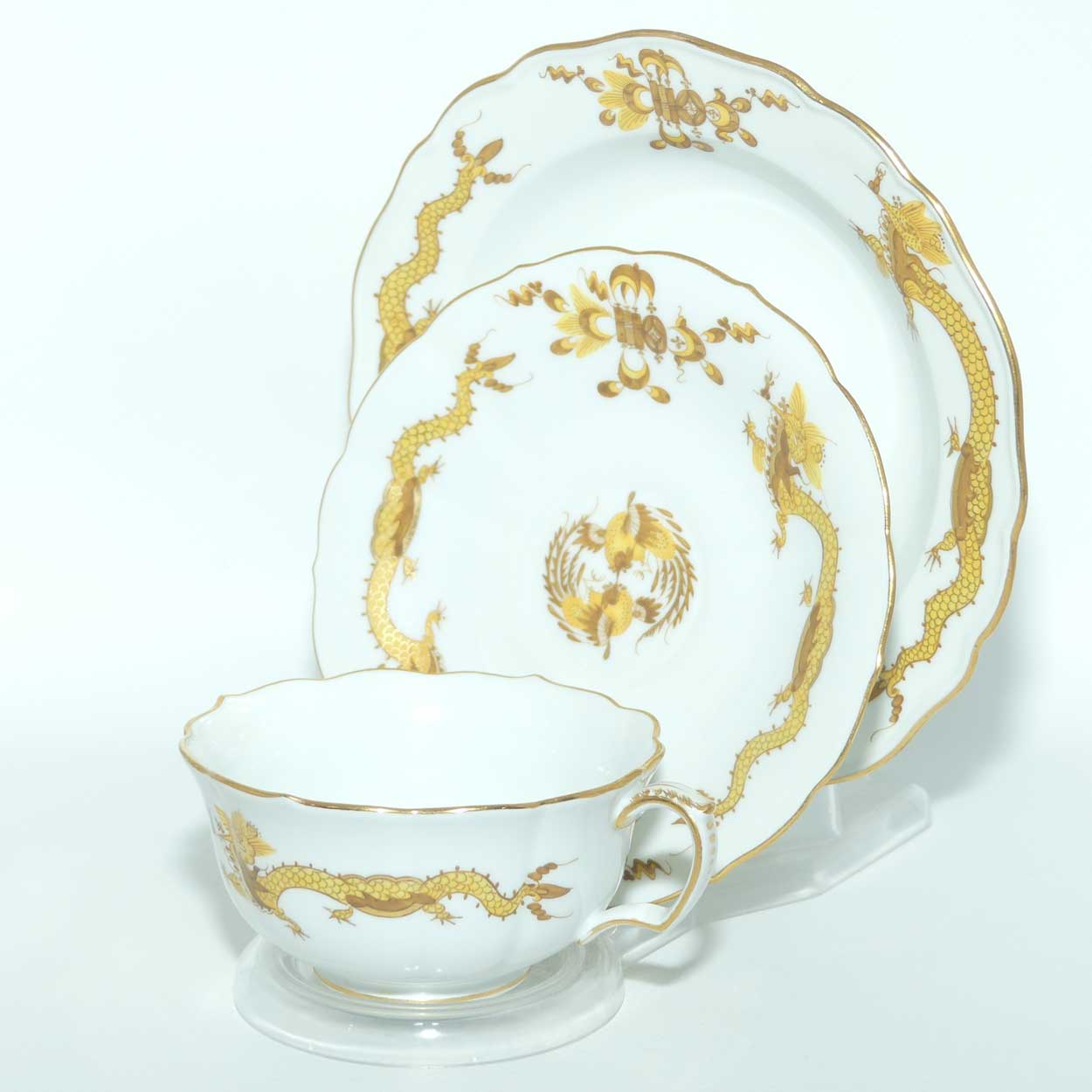 Meissen Yellow Dragon tea trio trimmed with gilt