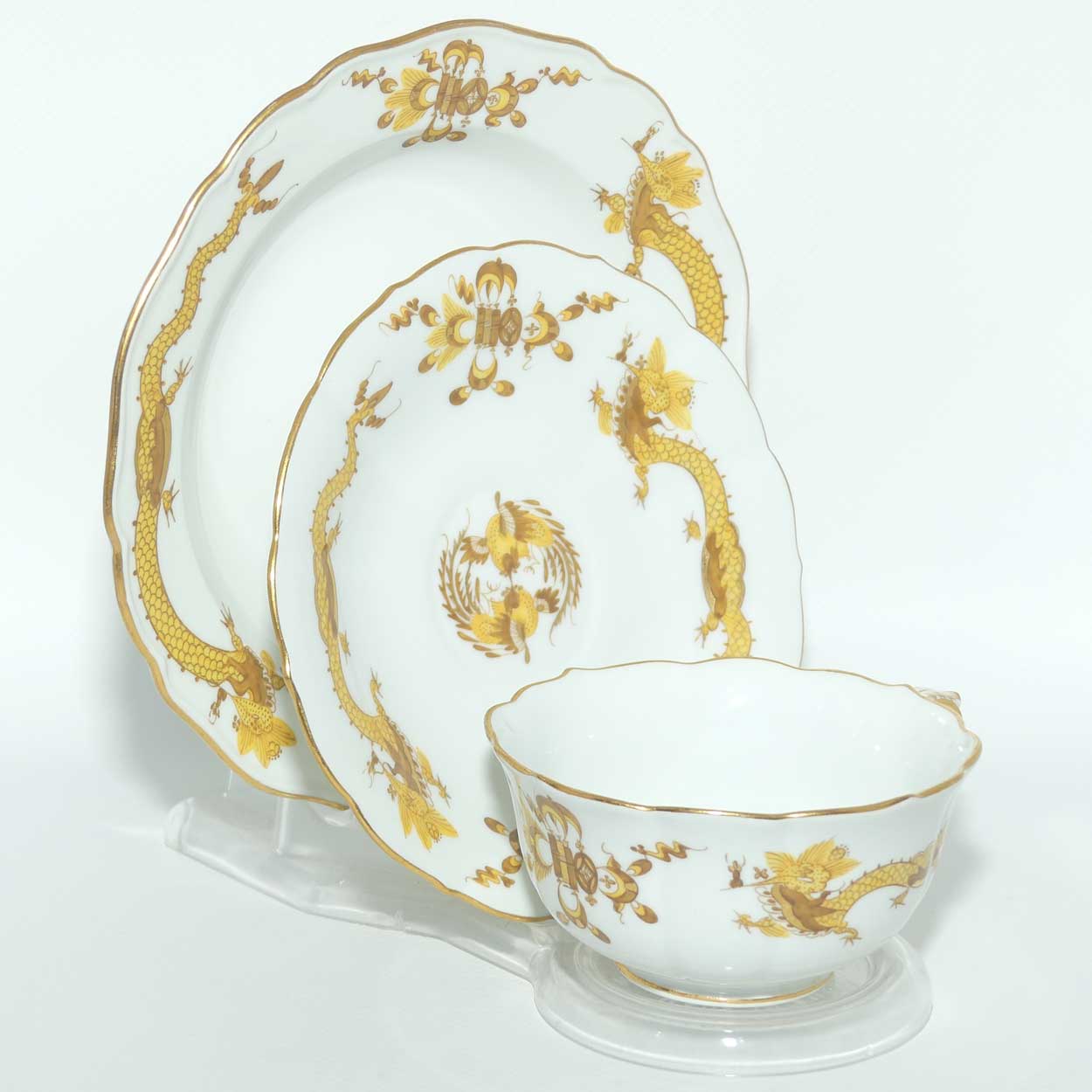 Meissen Yellow Dragon tea trio trimmed with gilt