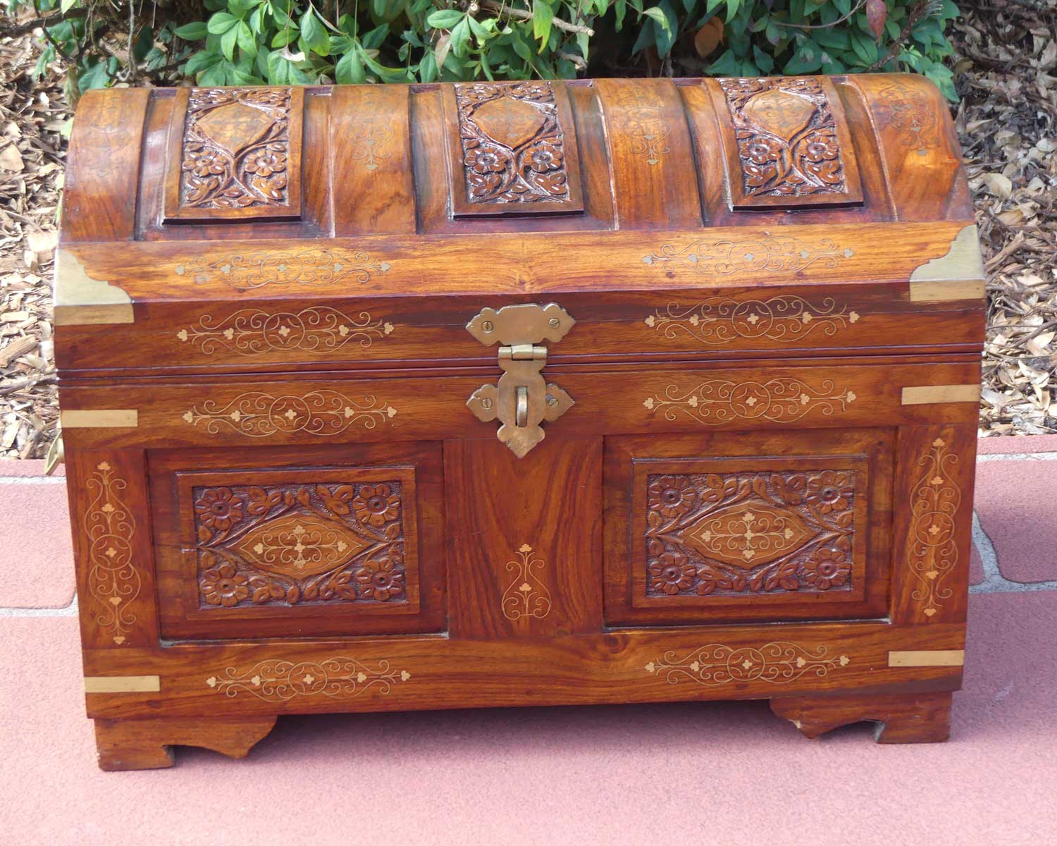 Indian Brass bound campaign trunk finished with inset brass decoration | 60cm wide | c.1980
