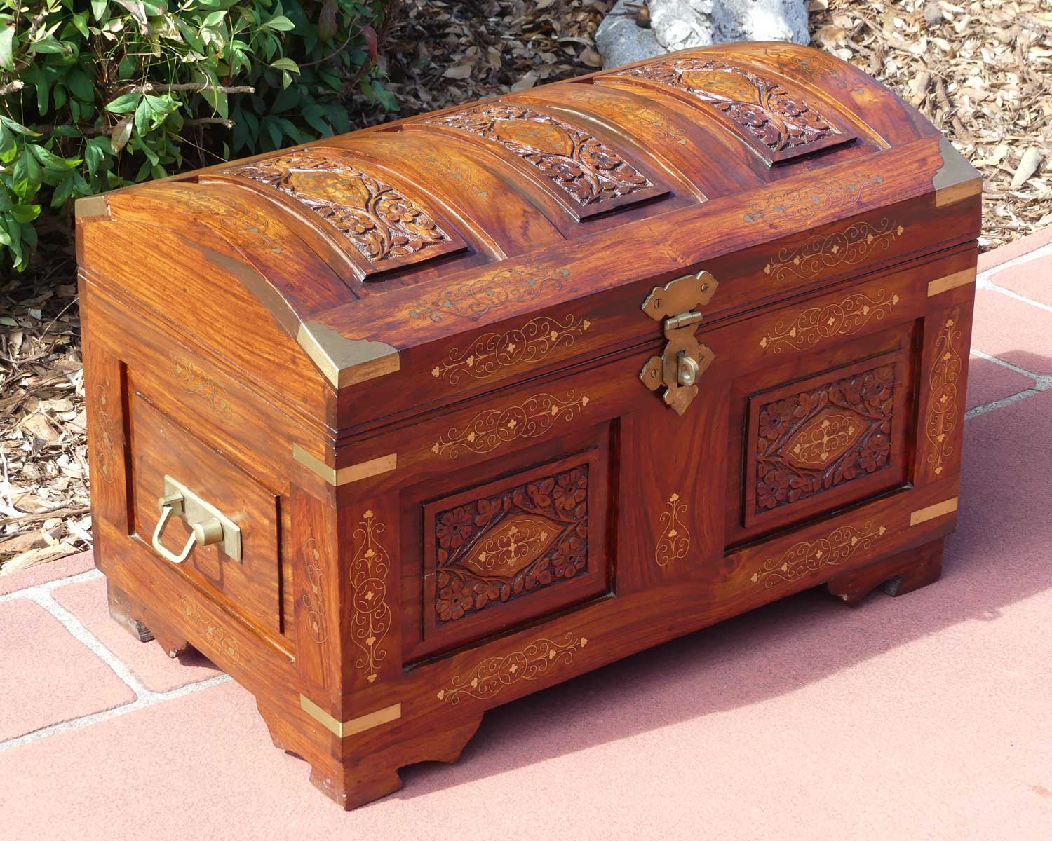 Indian Brass bound campaign trunk finished with inset brass decoration | 60cm wide | c.1980
