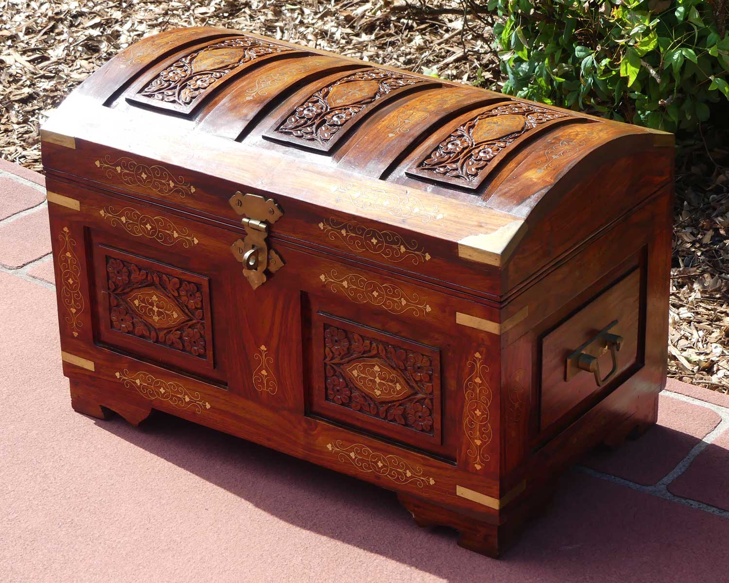 Indian Brass bound campaign trunk finished with inset brass decoration | 60cm wide | c.1980