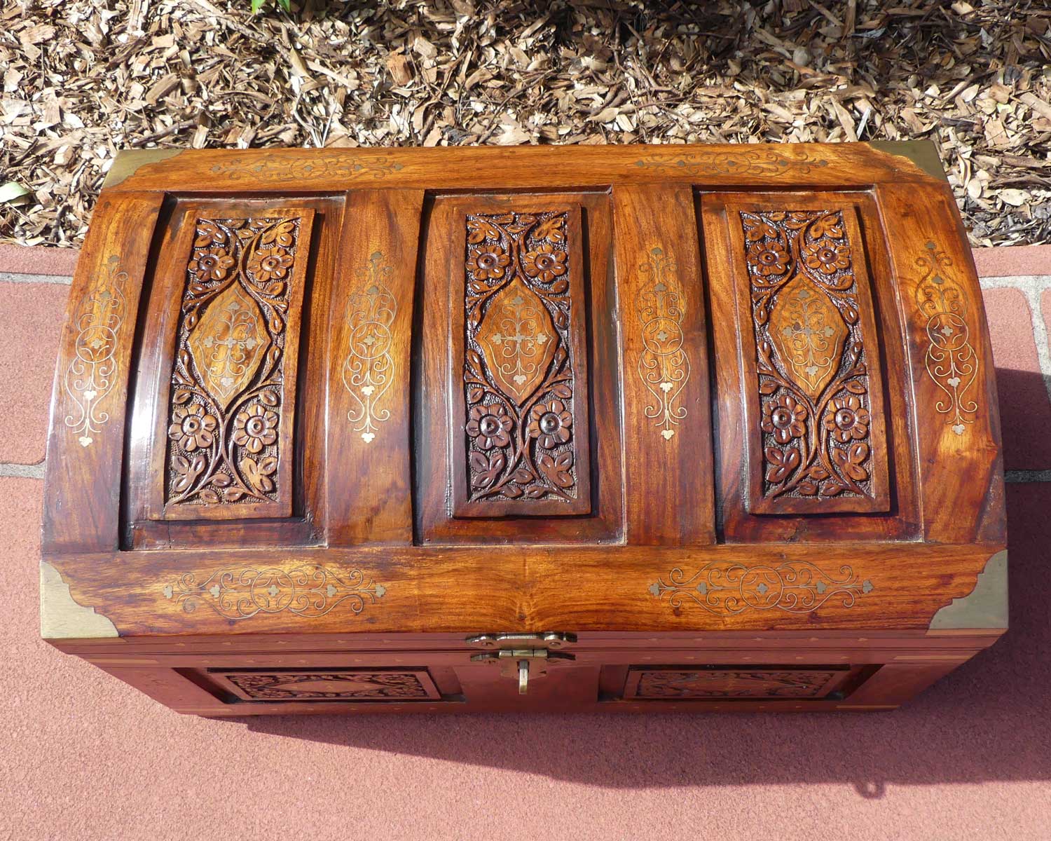 Indian Brass bound campaign trunk finished with inset brass decoration | 60cm wide | c.1980