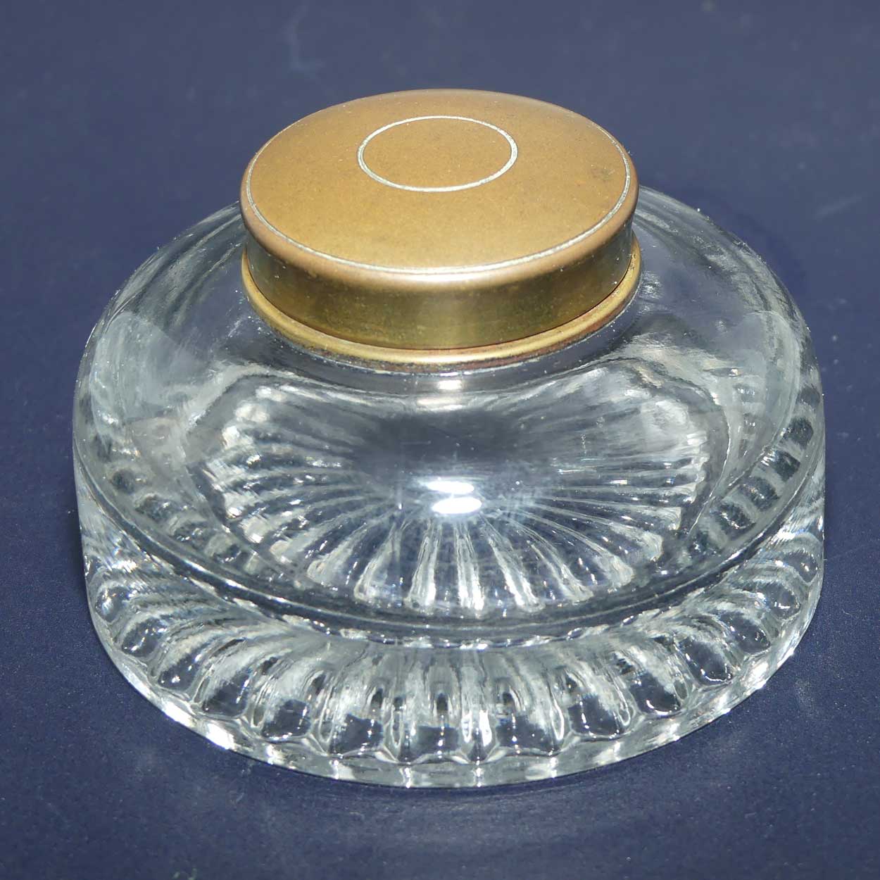 Edwardian era hinged Brass Lid and Glass base Inkwell