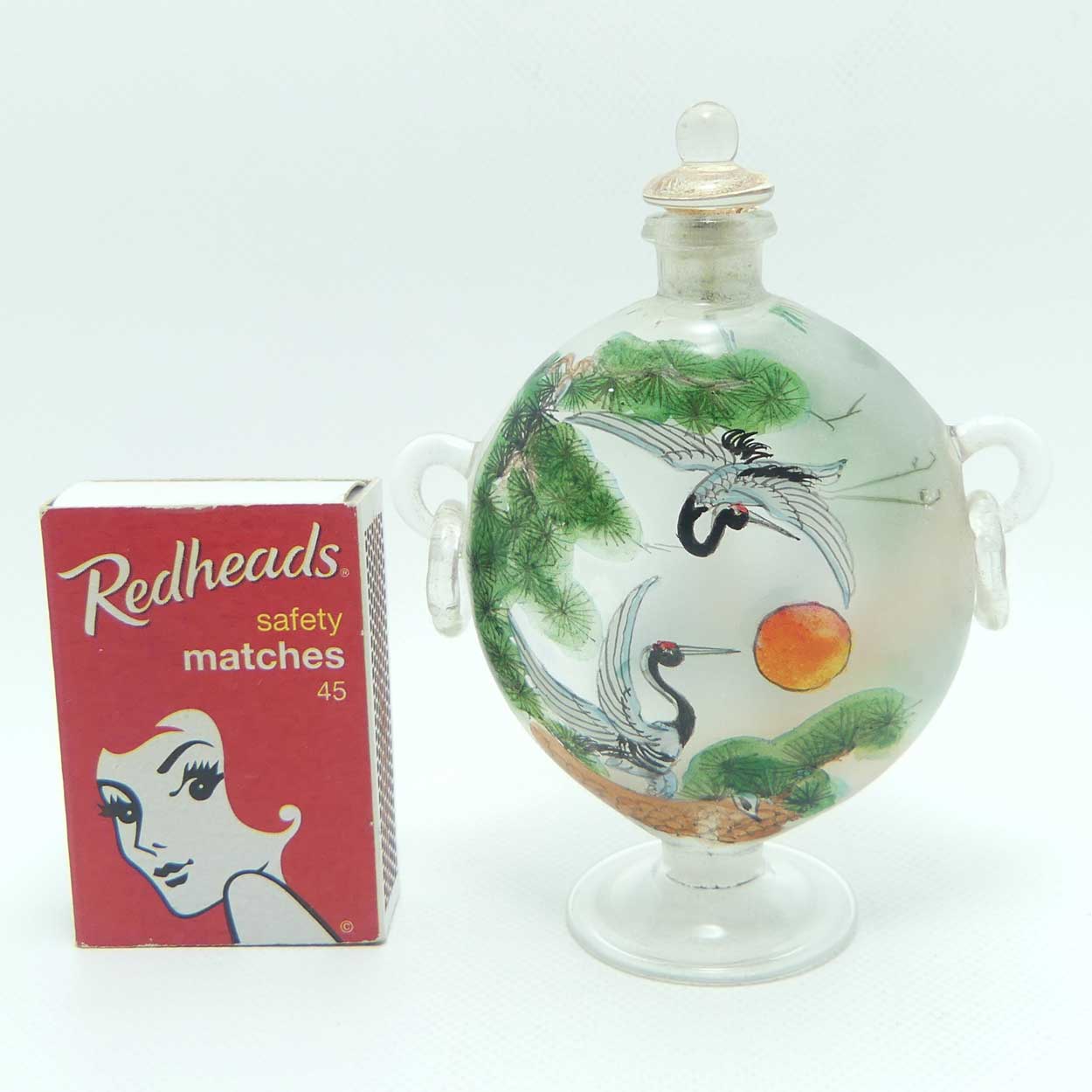 Vintage Glass Snuff Bottle | Inside Painted Cranes decorated both sides