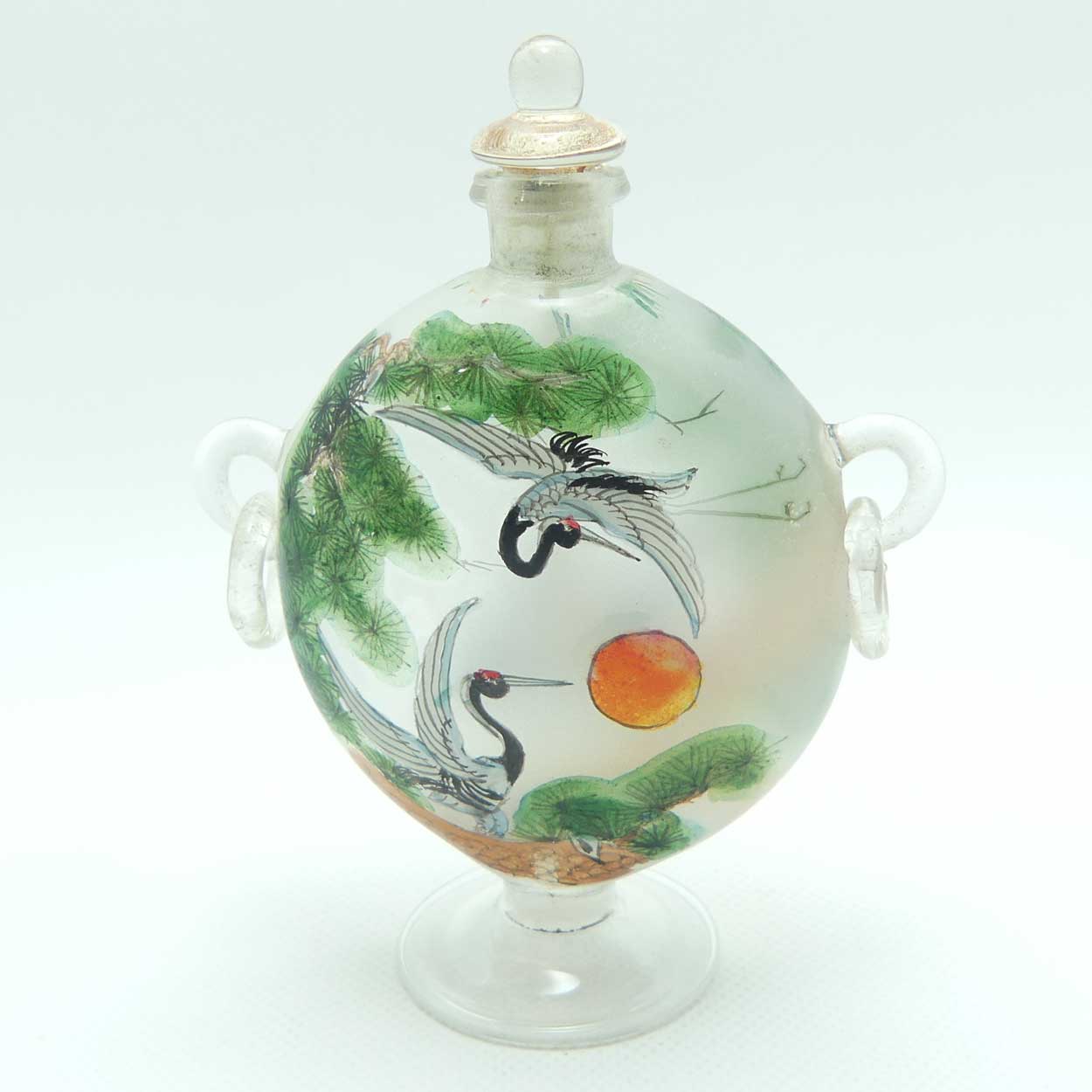 Vintage Glass Snuff Bottle | Inside Painted Cranes decorated both sides
