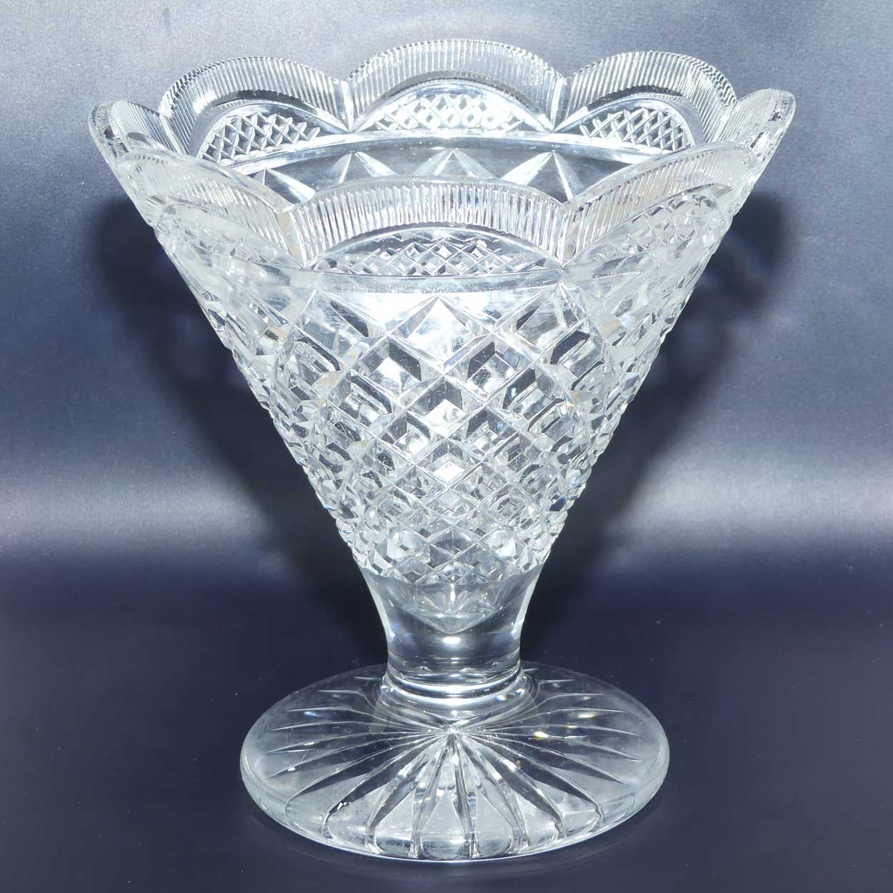 Superb Inwald Crystal diamond cut and multi facetted rim trumpet vase and insert