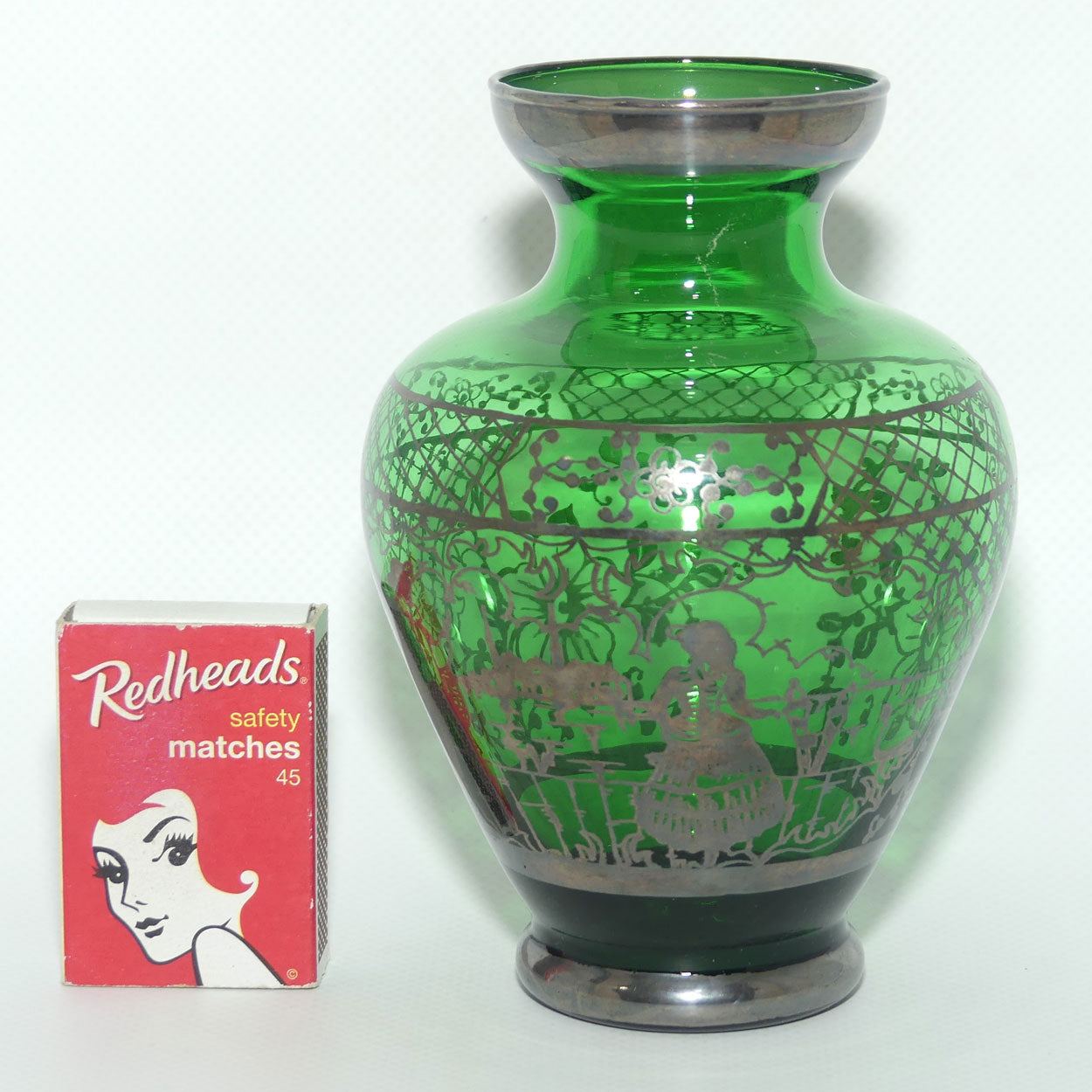 Venetian Green Glass vase with Enamelled Silver overlay | Courting Scene