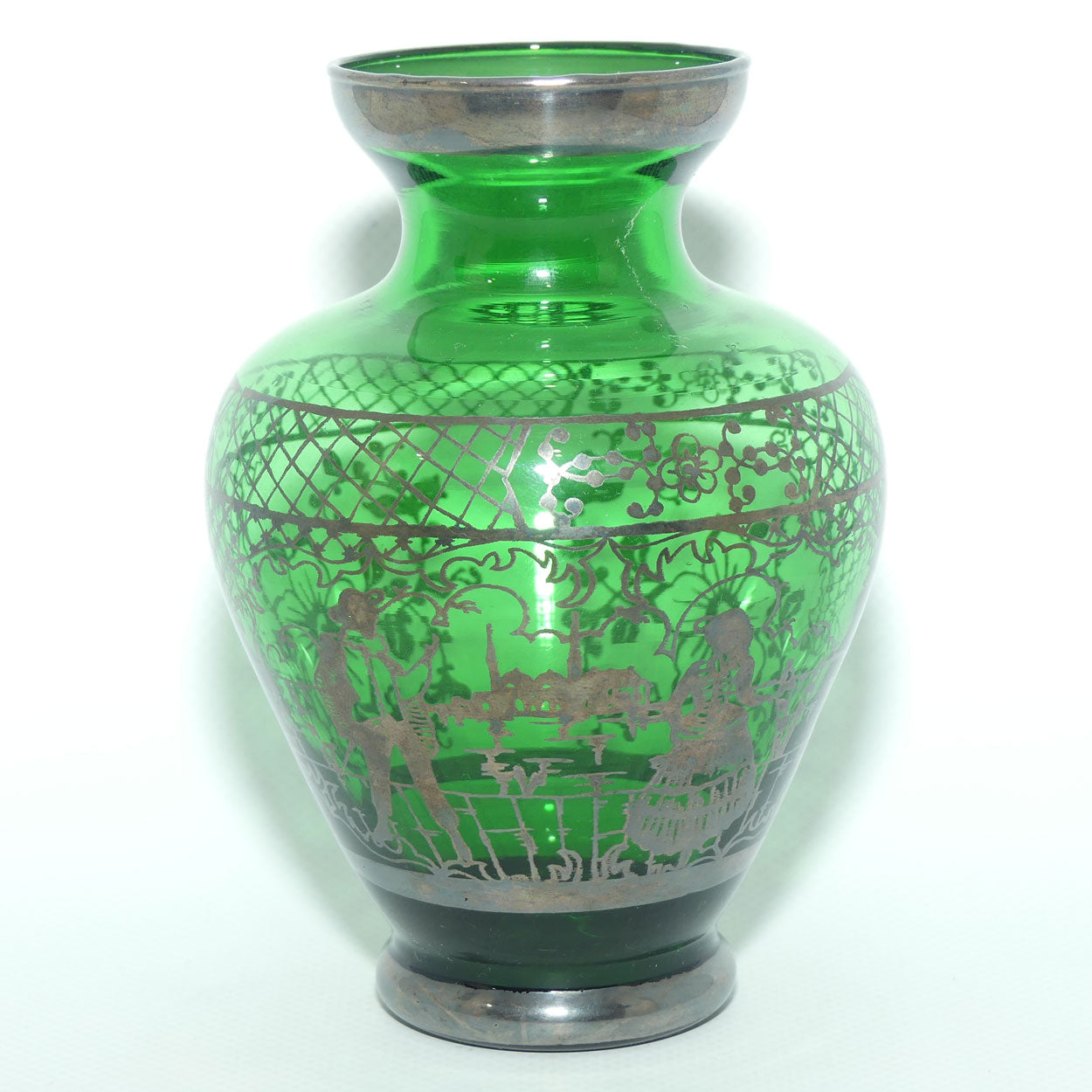 Venetian Green Glass vase with Enamelled Silver overlay | Courting Scene