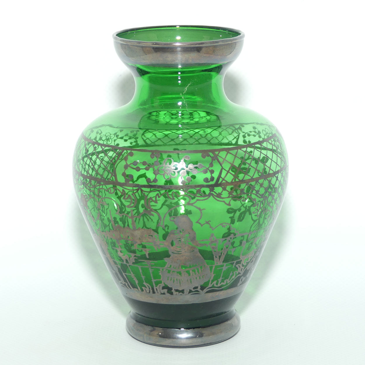 Venetian Green Glass vase with Enamelled Silver overlay | Courting Scene