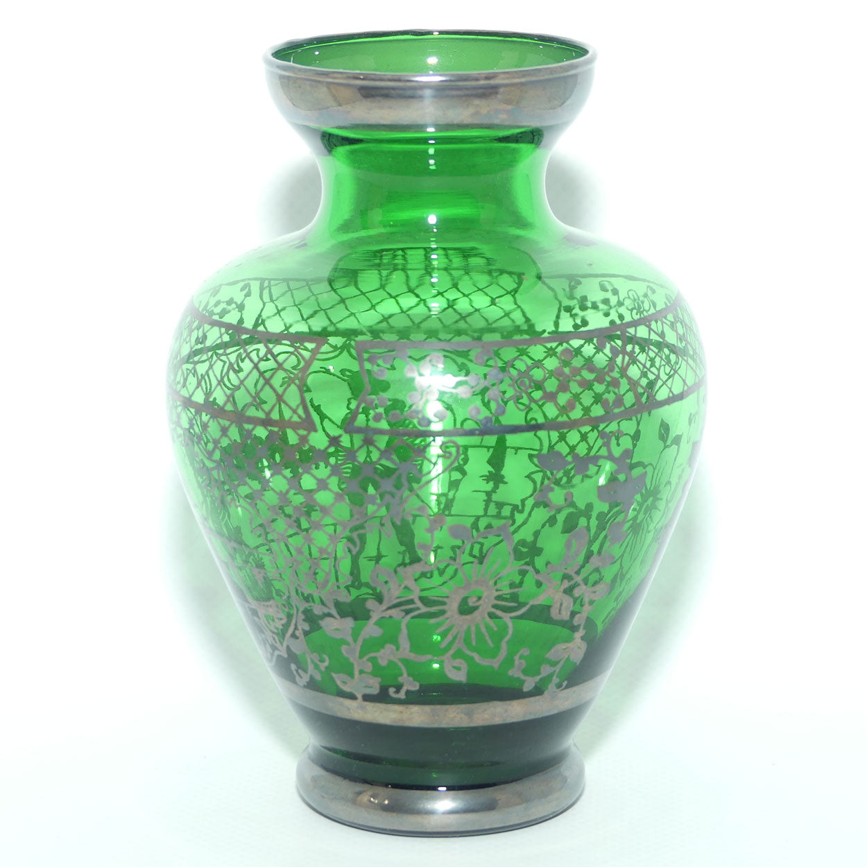 Venetian Green Glass vase with Enamelled Silver overlay | Courting Scene