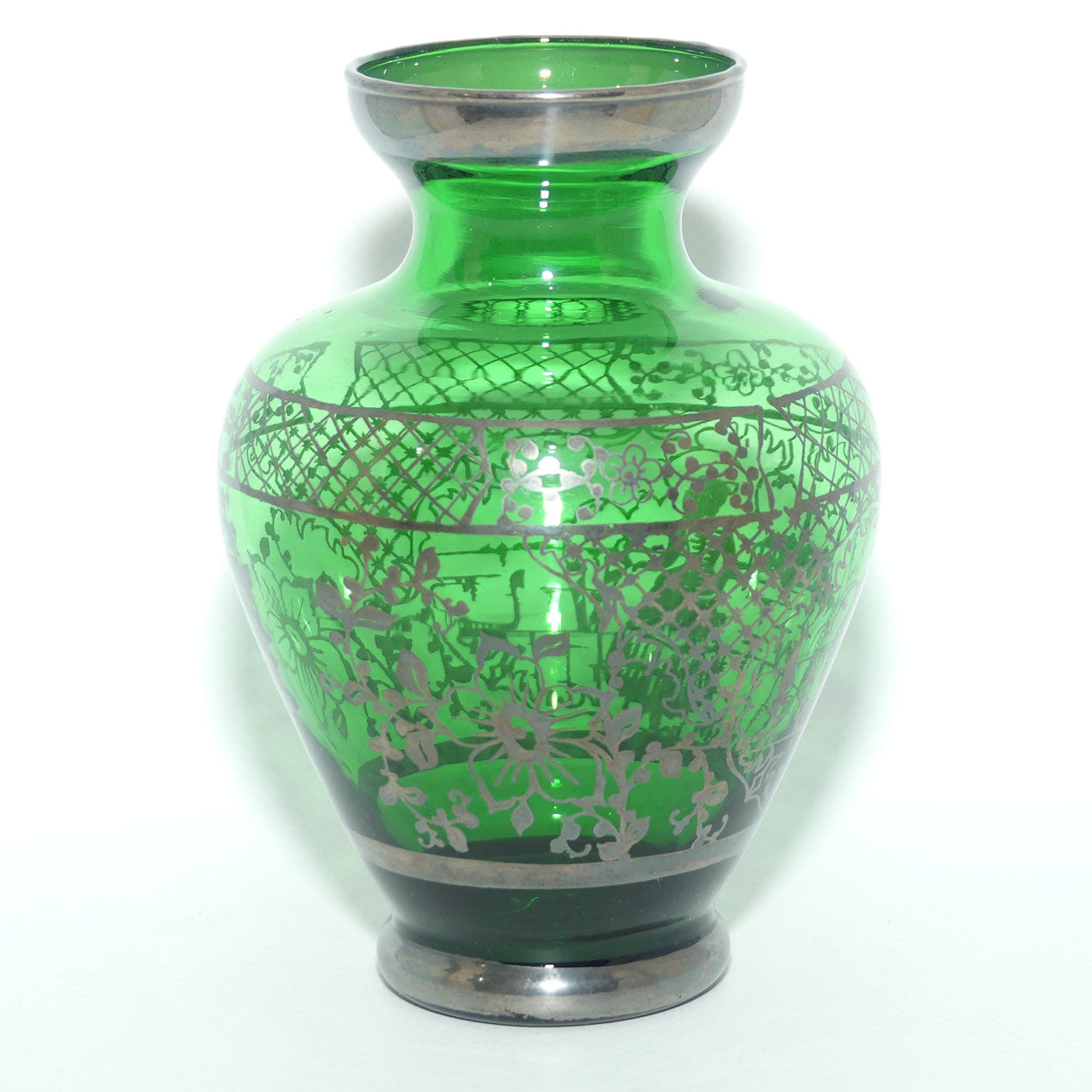 Venetian Green Glass vase with Enamelled Silver overlay | Courting Scene