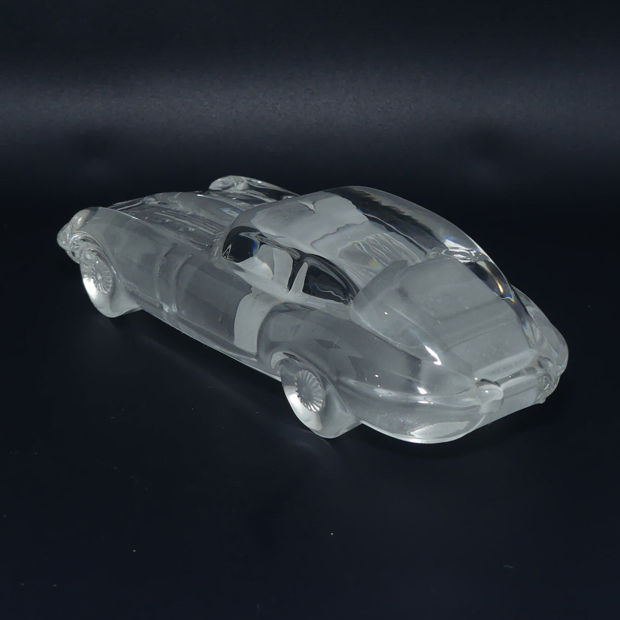 Acid Etched Glass figural paperweight on stand | Jaguar E type