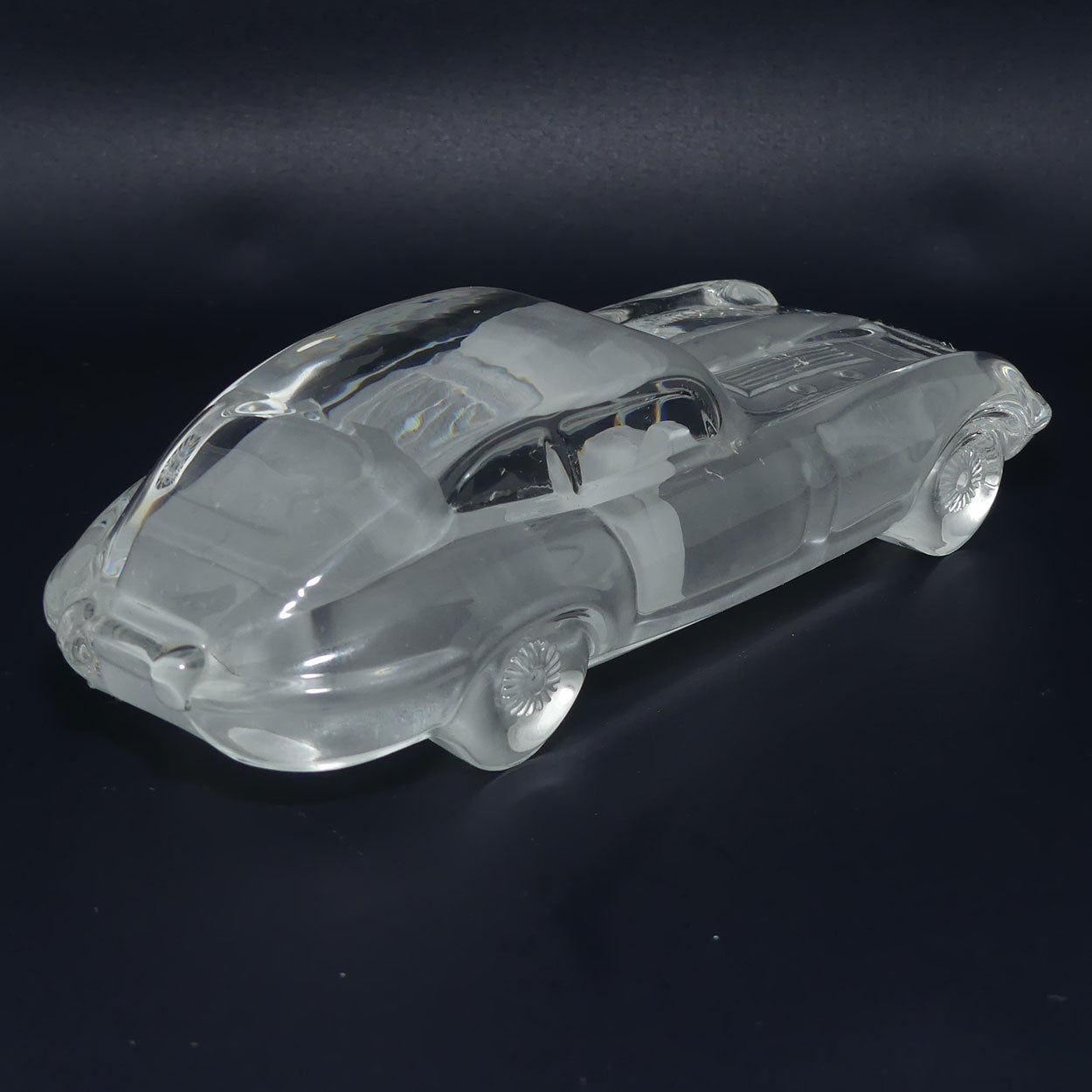 Acid Etched Glass figural paperweight on stand | Jaguar E type