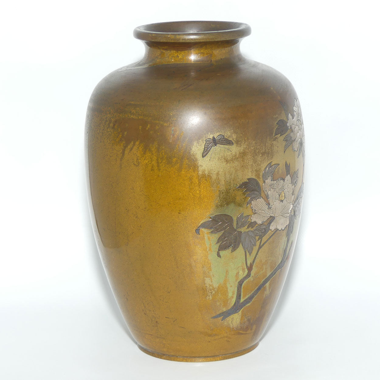 Meiji period Japanese Bronze Damascene vase overlaid with Silver Chrysanthemum and Butterfly | signed