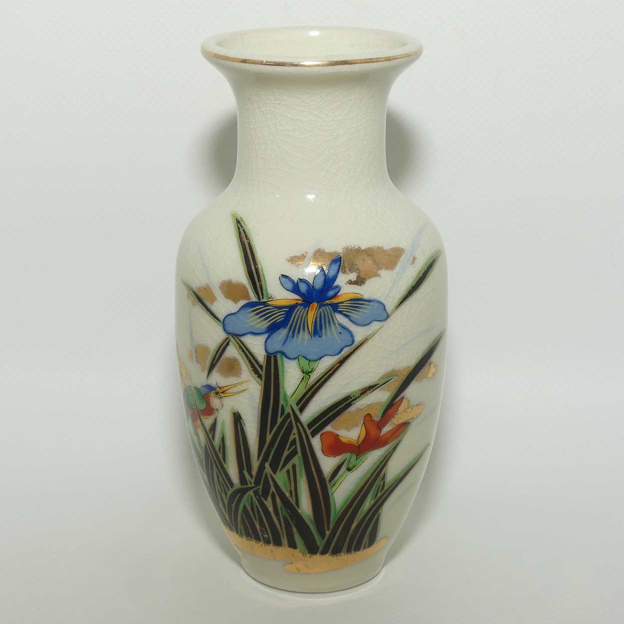 Japanese Pottery vase decorated with Iris Flowers and Kawasemi Kingfisher