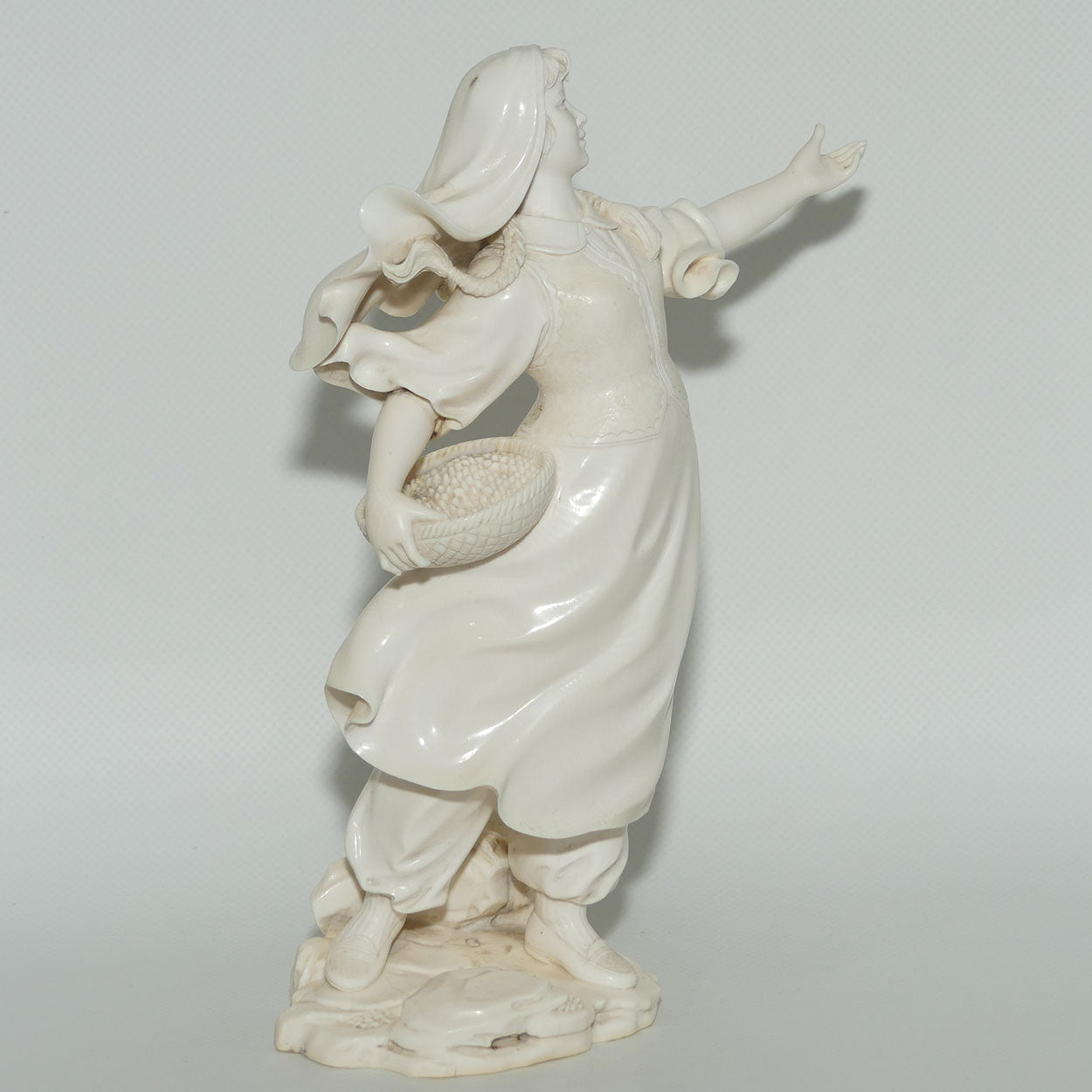 Magnificent Japanese Carved Ivory Okimono of Woman Gathering | Arm Outstretched