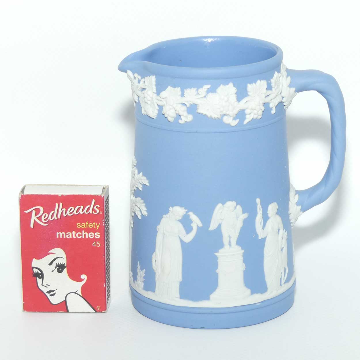 Wedgwood Jasper jug | White on Pale Blue Grecian Maidens scene | 11cms tall