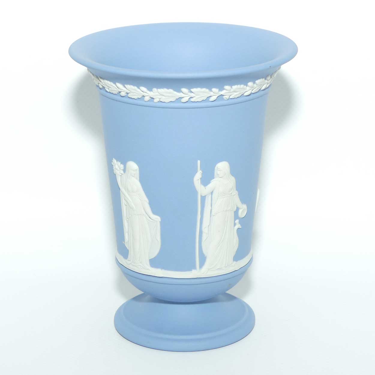 Wedgwood Jasper | White on Pale Blue trumpet shape vase | 13.5cm tall