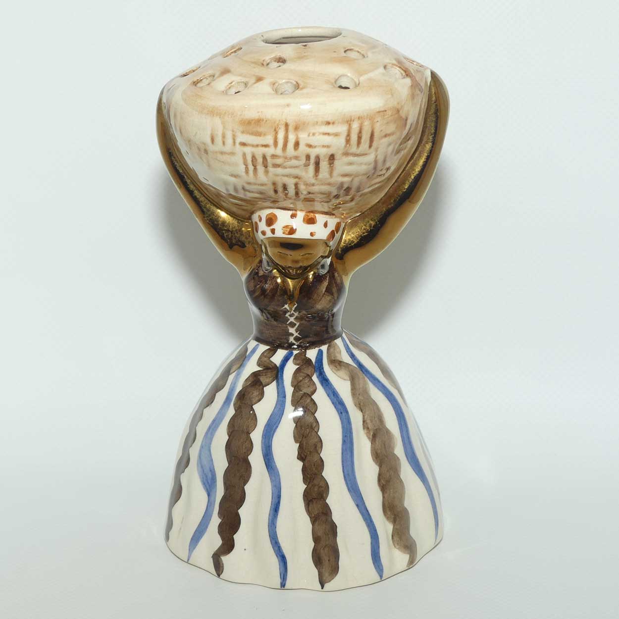Jersey Pottery Jamaican Lady carrying Basket Flower Holder | Blue Stripes