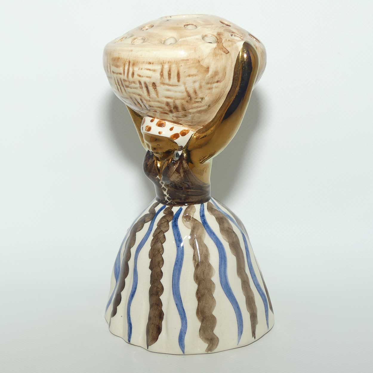 Jersey Pottery Jamaican Lady carrying Basket Flower Holder | Blue Stripes