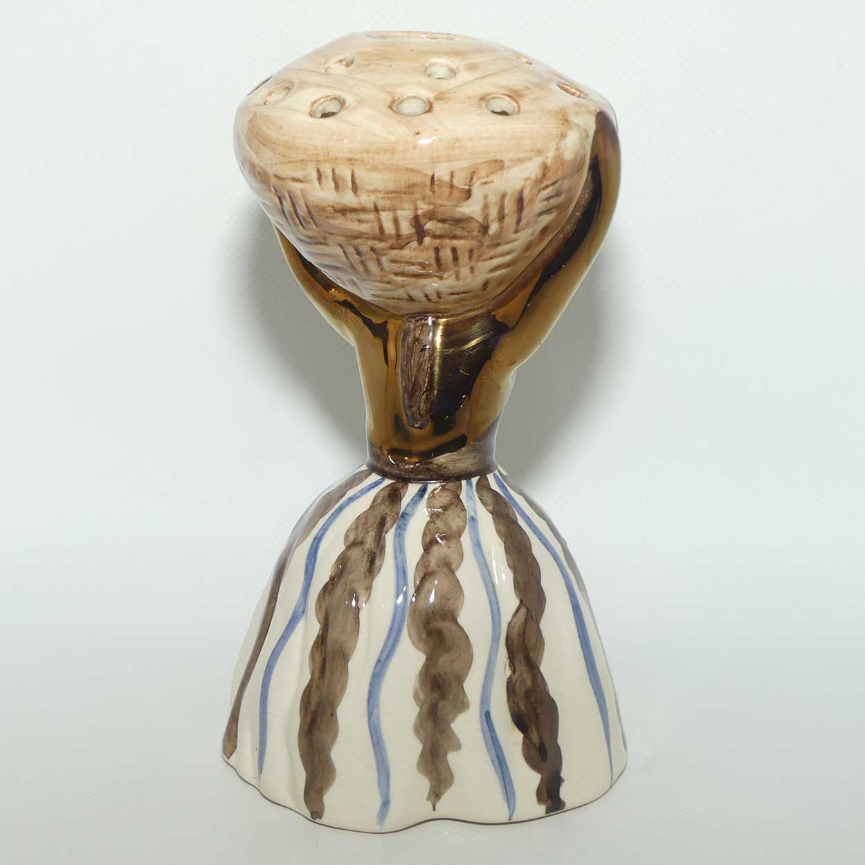 Jersey Pottery Jamaican Lady carrying Basket Flower Holder | Blue Stripes