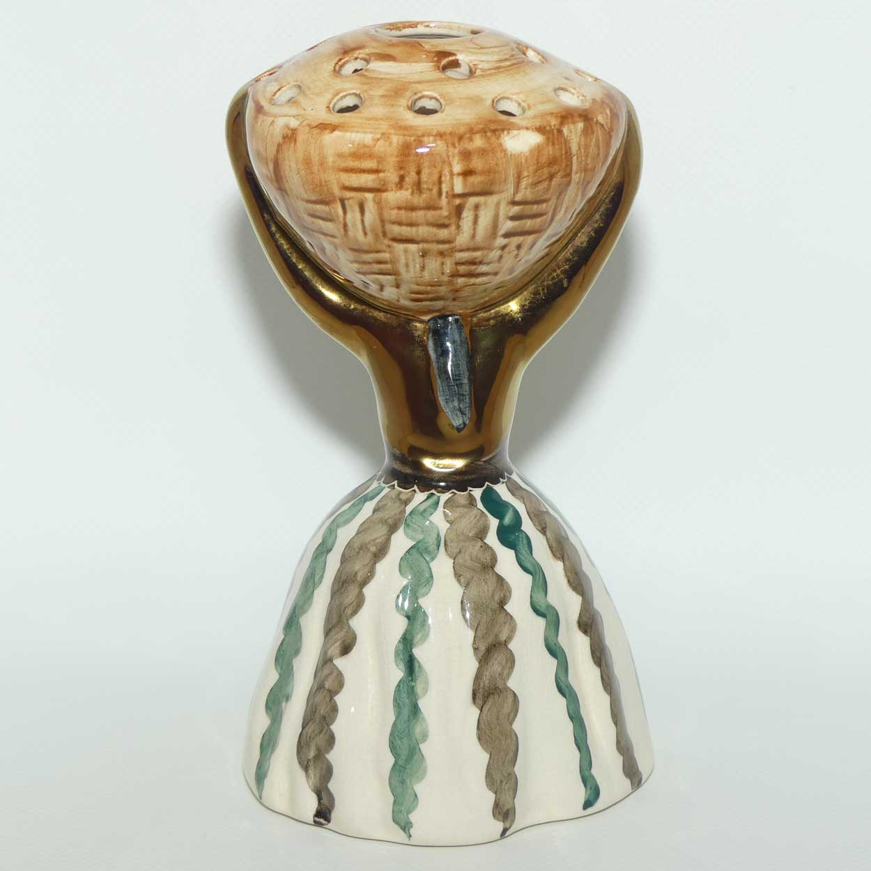 Jersey Pottery Jamaican Lady carrying Basket Flower Holder | Green Stripes