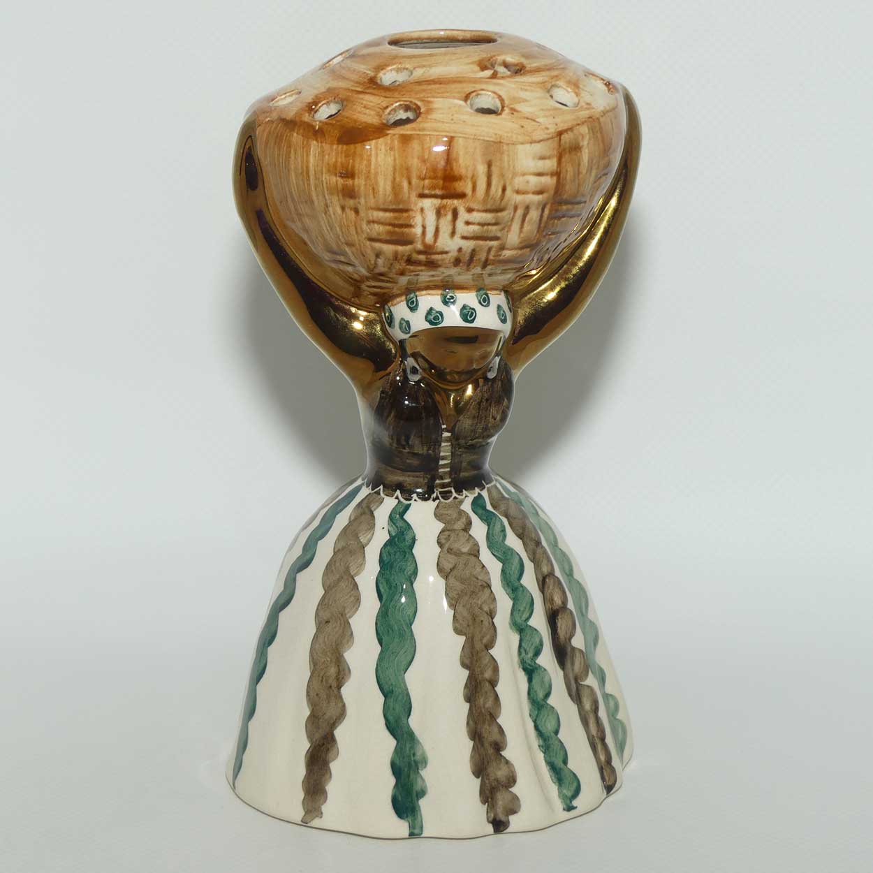 Jersey Pottery Jamaican Lady carrying Basket Flower Holder | Green Stripes