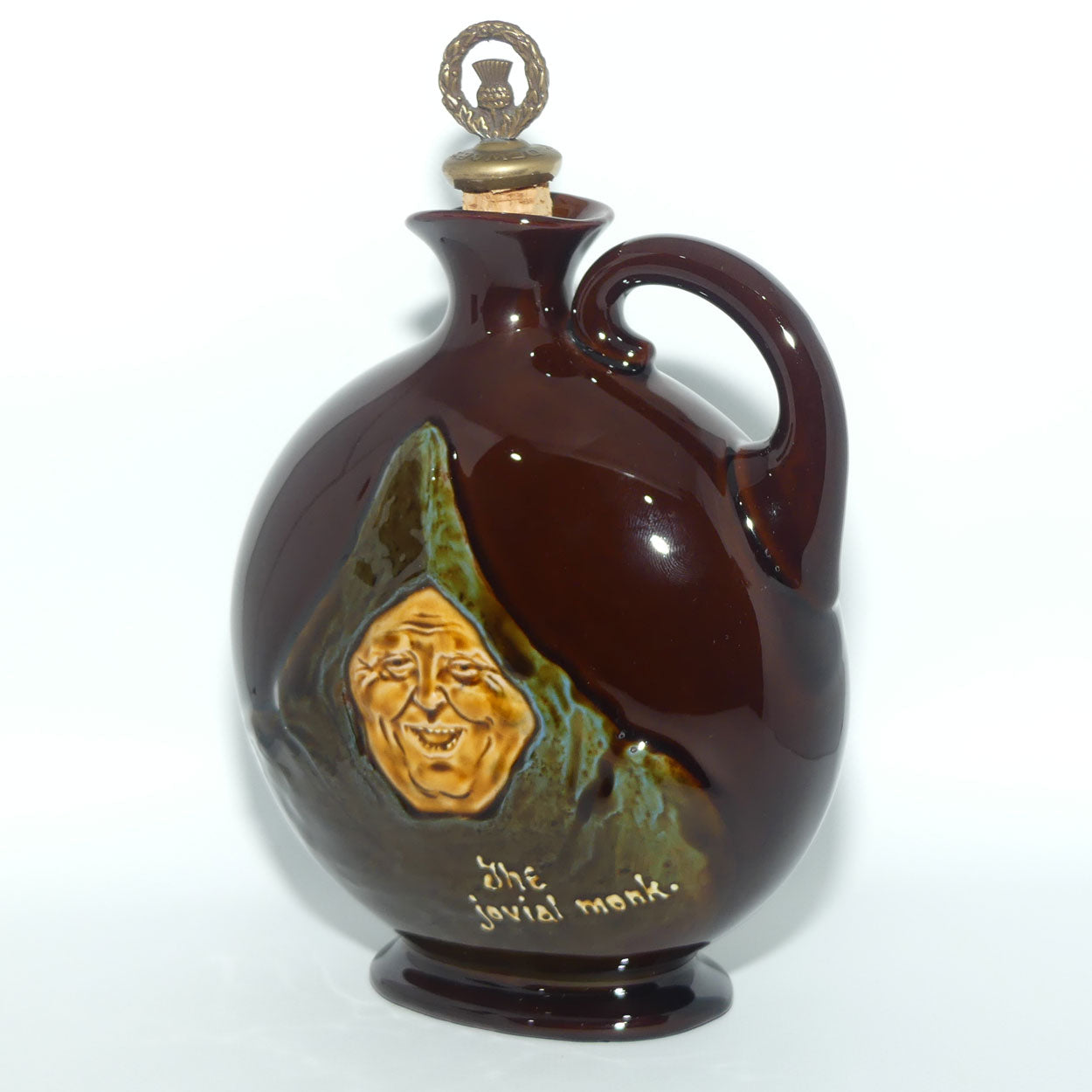 Royal Doulton Kingsware The Jovial Monk flat round flask | with stopper | Dewars