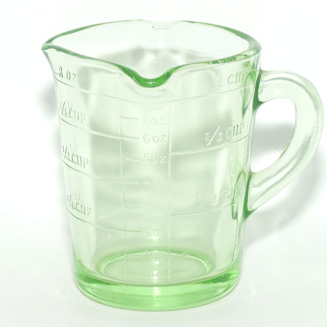 Green Depression Glass 8oz 1 Cup measuring jug | UV reactive | 3 pourers