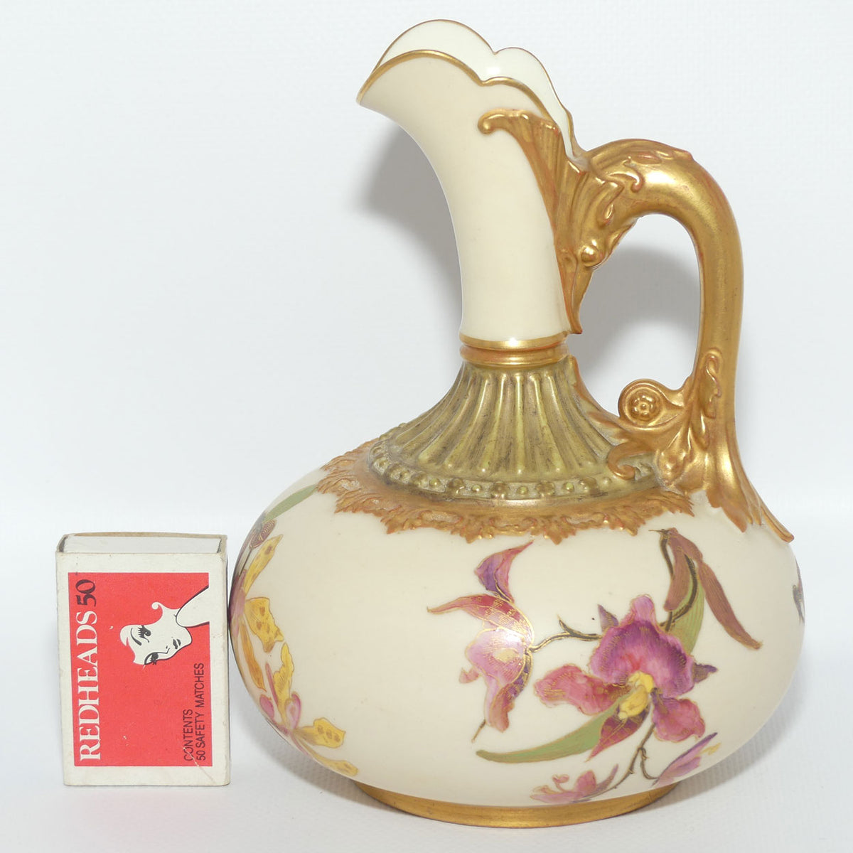 Royal Worcester Blush Ivory hand painted bulbous jug with orchid and dolphin handle | Smaller size |